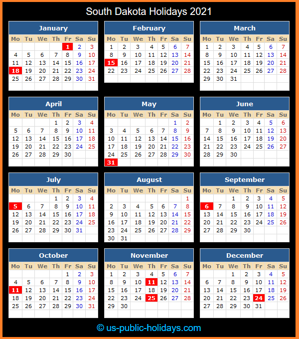 South Dakota Holiday Calendar 2021
